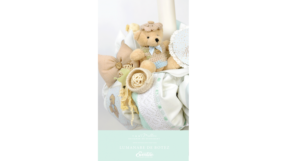 Lumanare de botez pentru baieti cu ursuleti si stelute aurii, 65x4cm, Tiny Teddy Bear 3